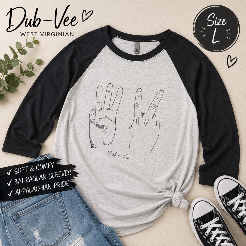 Dub-Vee West Virginia Raglan Graphic Tee Size Large Gray Black 3/4 Sleeve Shirt